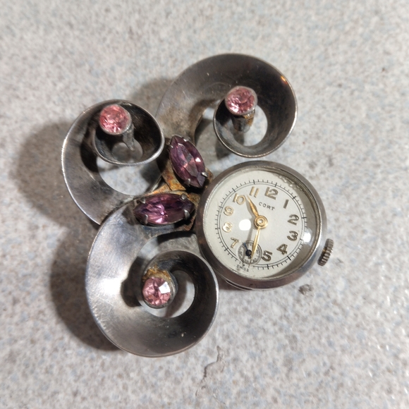 Sterling Silver Custom Cort Watch Swirl Brooch with Pink and Purple Accents - Picture 5 of 5